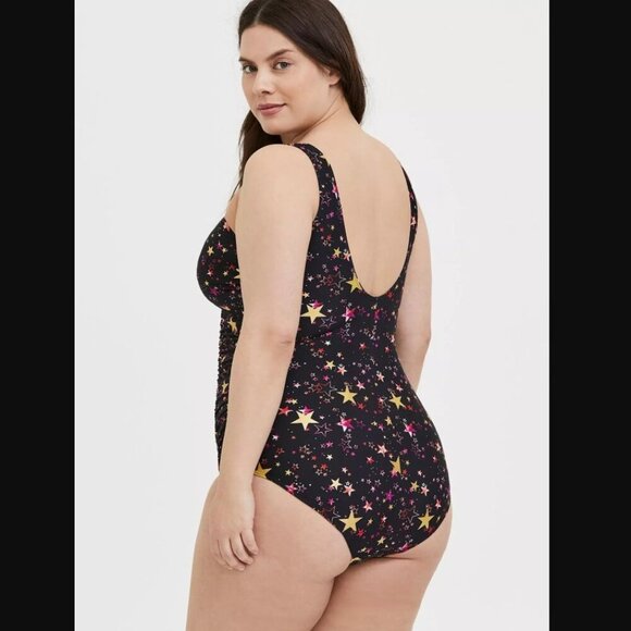 Torrid Black & Gold Foil Star Lattice Wireless One-Piece Swimsuit - Picture 2 of 9
